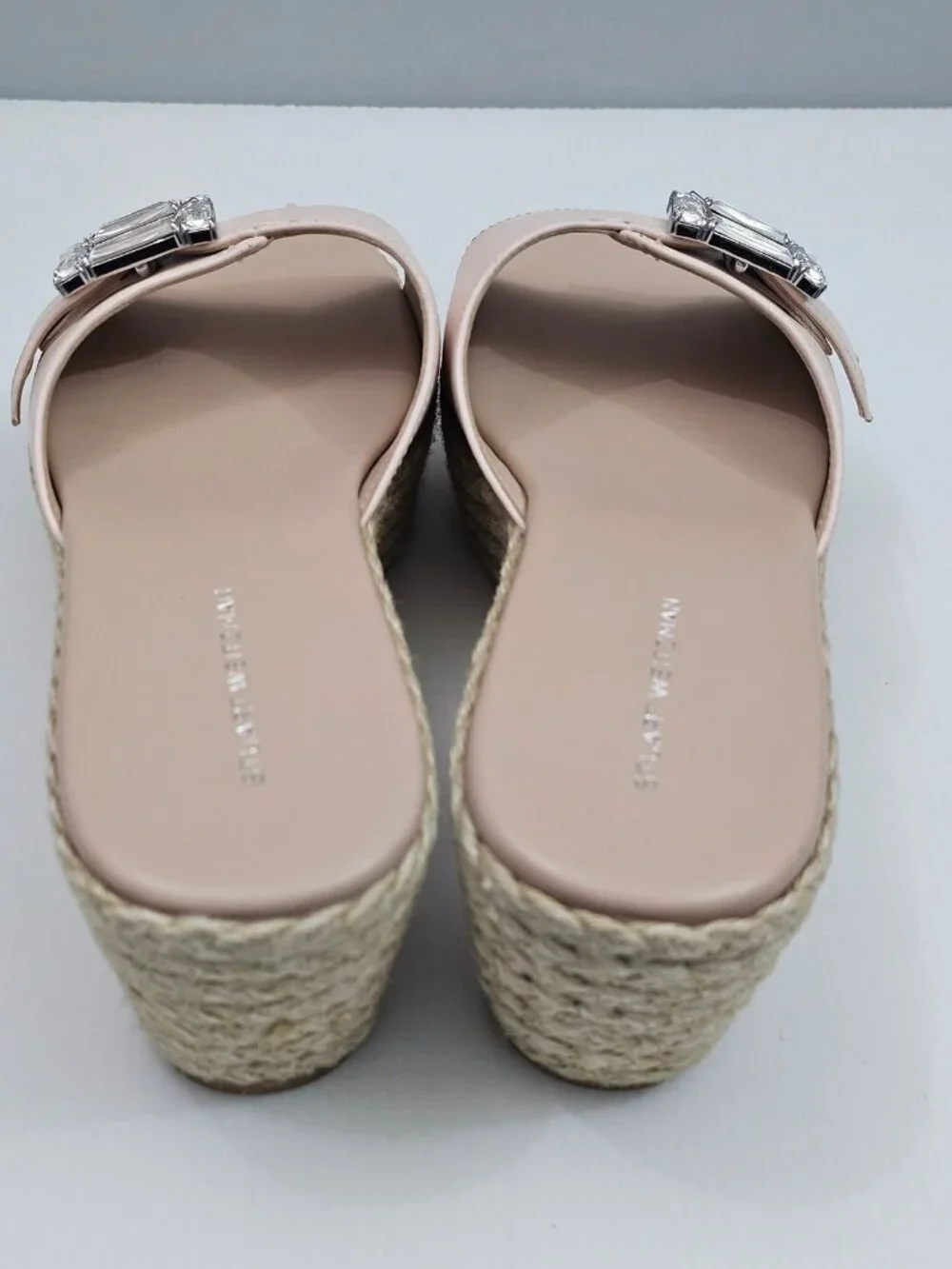 Stuart Weitzman June 75 Espadrille Wedge Sandal Size 9 Blush Pink Crystal Buckle
